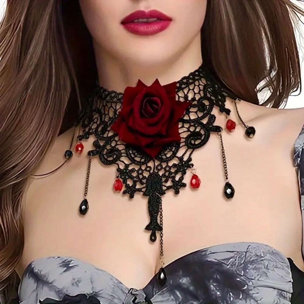 Sexy Red Rose Gothic Victorian Vampire Lace Choker